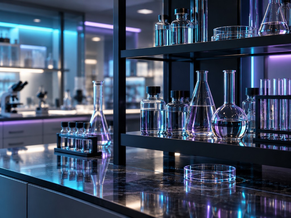 Laboratory environment with glassware and teal lighting
